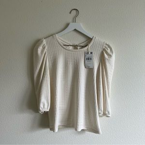 NWT Mango Knit Stretchy Textured Top, Off White, Back Keyhole Tie Feature, MED